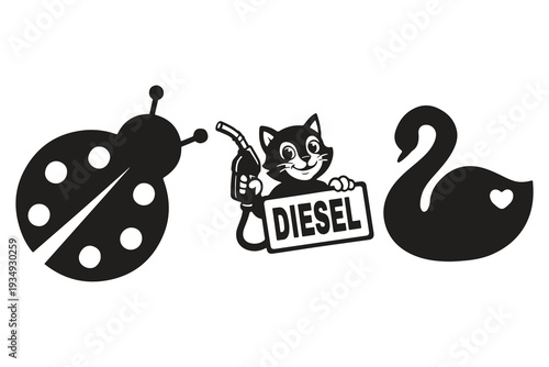 Set of 3 black vector icons including ladybug, cat with diesel pump, and swan