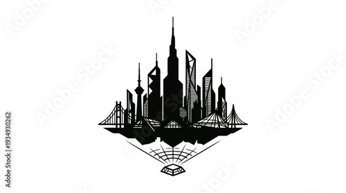 Stylized black silhouette of a futuristic floating city skyline with bridges and skyscrapers, connected by a radiating network of lines and nodes at the bottom, representing advanced urban development