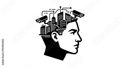 Stylized silhouette of a human head with a city skyline and surveillance cameras inside, symbolizing facial recognition technology, urban surveillance, and data processing in smart cities.