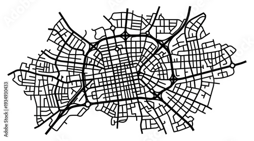 Black and white illustration of a complex, connected road network and city map, depicting urban infrastructure, traffic flow, and the interconnectedness of modern city planning.