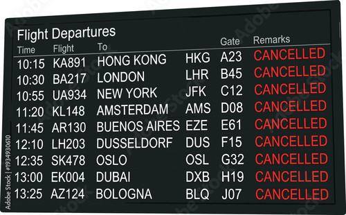 Flight Information Display Board Showing Multiple Cancelled Departures with Gate and Time Details