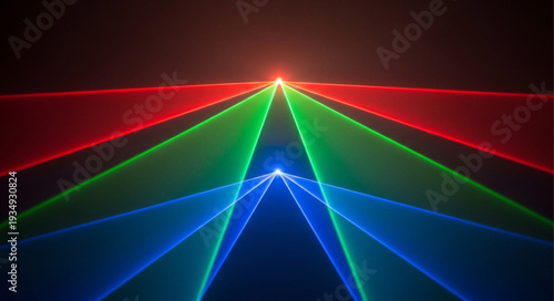 Three colorful laser beams converging in darkness.