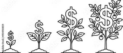 A conceptual illustration of the financial growth process, showing how investments develop from a small sprout into a money tree yielding abundant wealth and prosperity