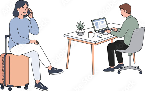 Woman on phone call sitting on luggage while man works on laptop at desk nearby in office environment