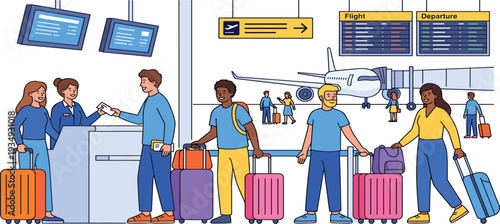 Travelers with luggage waiting in airport terminal for their flight with boarding gate and airplane visible