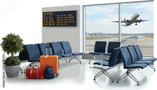 Airport departure lounge featuring empty seating, luggage, and a digital flight board, with an airplane taking off in the background, symbolizing air travel and global journeys