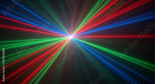 Abstract colorful laser light beams radiating from a central point.