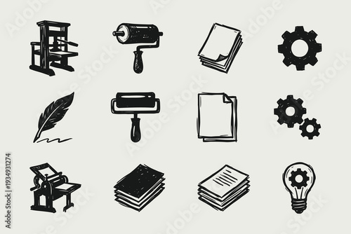 Hand Drawn Printing and Publishing Industry Doodle Icons Set
