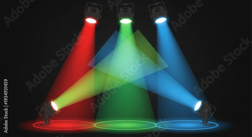 Three spotlights shining colored light beams on a dark stage.