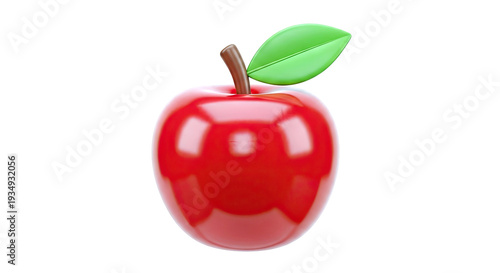 Shiny Red Apple with Green Leaf