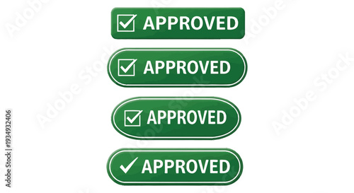 Multiple green approved vector graphic buttons displaying checkmark symbols for successful interface interaction design.