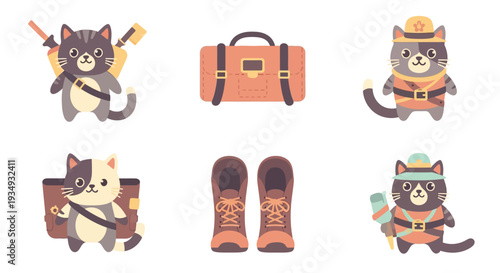 Cute cartoon cats ready for an exciting adventure, depicted with essential travel gear like boots, bags, and exploration tools, perfect for whimsical journey themes and discovery quests