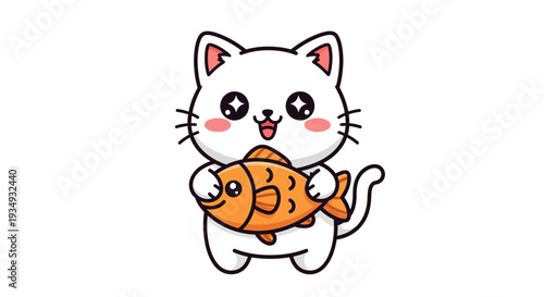 Adorable white cartoon kitten joyfully clutching a freshly caught orange fish, showcasing a happy and playful moment for pet and seafood lovers in a charming illustration
