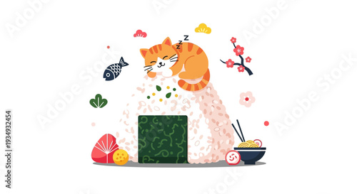 Whimsical vector illustration of a peaceful orange cat napping on a traditional Japanese onigiri, surrounded by charming cherry blossoms and festive Asian culinary elements