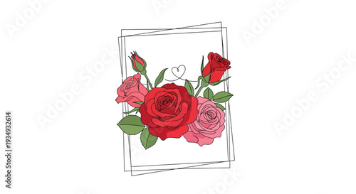 A beautiful bouquet of red and pink roses framed within a delicate geometrical border, perfect for romantic occasions or elegant invitations