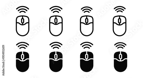 Collection of eight wireless computer mouse icons presented in outline and filled vector graphic styles