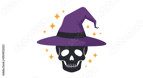 Spooky Halloween skull wearing a purple witch hat with sparkling stars on a white background, perfect for festive decorations and spooky celebrations