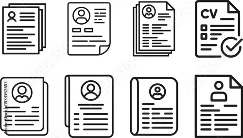 Collection of eight black and white line art icons representing resumes and CV documents with profile symbols