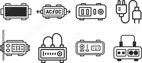 Collection of eight electronic device icons featuring power supplies, meters, and adapters in a clean, minimalist style.