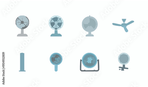 Electric Fan Vector Set with Standing Table Wall and Portable Cooling Appliances Isolated on White Background