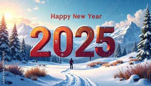 Snowy scene displays the year 2025 with text 