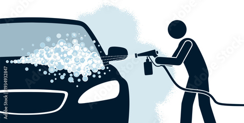 Worker spraying active foam on a car silhouette: Design for car wash signage, auto detailing services, or maintenance service flyers. Transparent background EPS version.