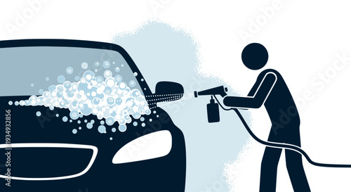 Worker spraying active foam on a car silhouette: Design for car wash signage, auto detailing services, or maintenance service flyers. Transparent background SVG version.