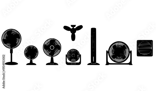 Electric Fan Silhouette Icon Collection with Standing Wall Ceiling and Portable Cooling Appliances Vector
