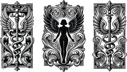 Caduceus angel illustration set, medical mythological artwork, healing protection vector design, ornate graphic icon, black white spiritual symbol