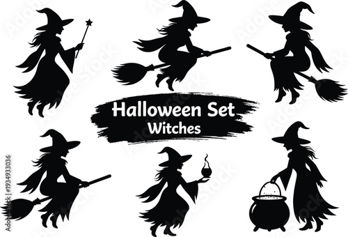 Halloween witch silhouette illustration set, spooky folklore artwork, fantasy broomstick vector design, magical graphic icon, black white holiday symbol