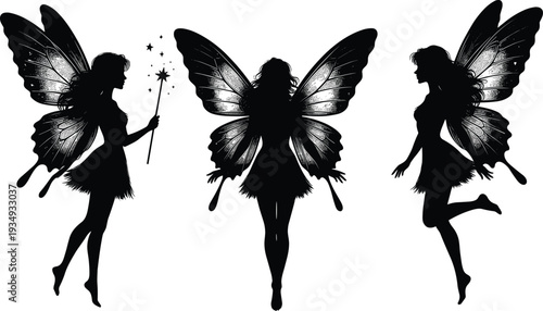 Fairy silhouette illustration set, magical fantasy artwork, enchanted creature vector design, whimsical graphic icon, black white mystical symbol