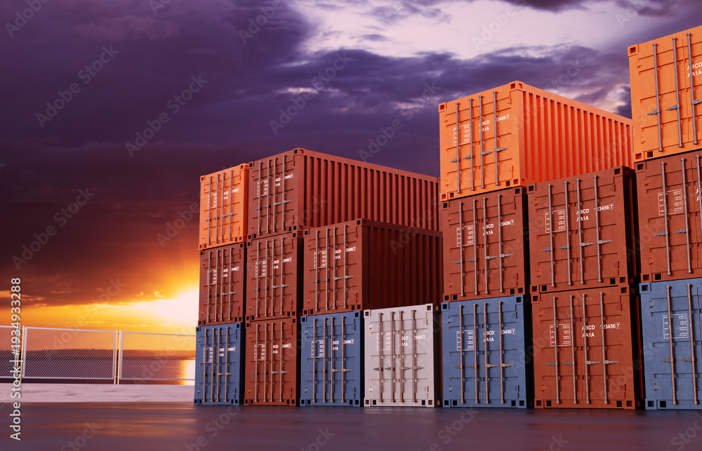 Fototapeta premium Stack of shipping containers for storage against the sunset. 3d-rendering
