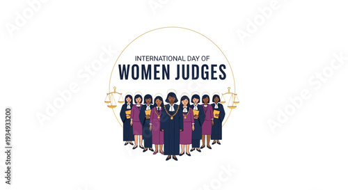 Illustration of diverse women judges in professional attire celebrating International Day of Women Judges with a design promoting gender equality in justice and judicial leadership.
