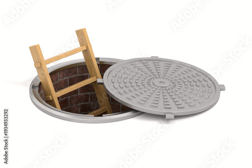 Street manhole and wooden ladder on white background. Isolated 3D illustration