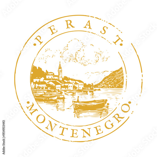 Vintage Perast Montenegro Badge Highlighting The Baroque Bell Tower And Twin Bay Islands