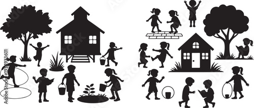 Silhouettes of happy children playing and learning outdoors near houses and trees