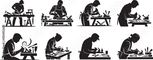 Skilled craftsmen performing detailed woodworking and carpentry tasks at workbenches with various hand tools