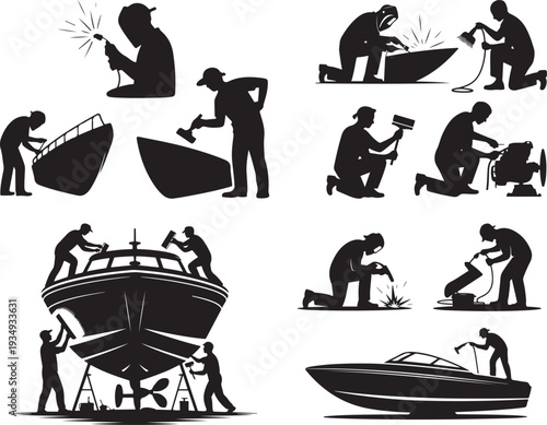 Various skilled workers repairing and constructing different types of boats with welding and hammering tools