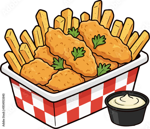 Cartoon Crispy Chicken Tenders and French Fries in Red Checkered Tray with Mayonnaise Dipping Sauce Vector Illustration