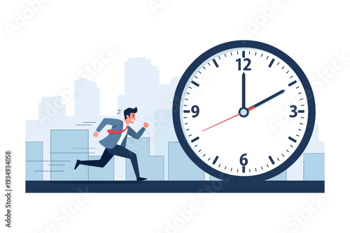 A businessman races against time symbolized by a large clock and city backdrop