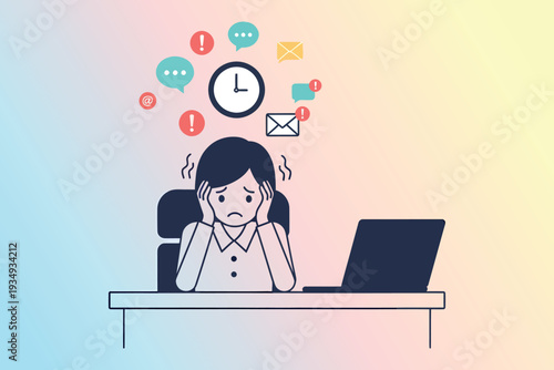Overwhelmed worker struggles with constant notifications and time pressure at a desk