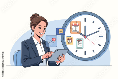 Woman managing time and tasks with technology clock and digital planner