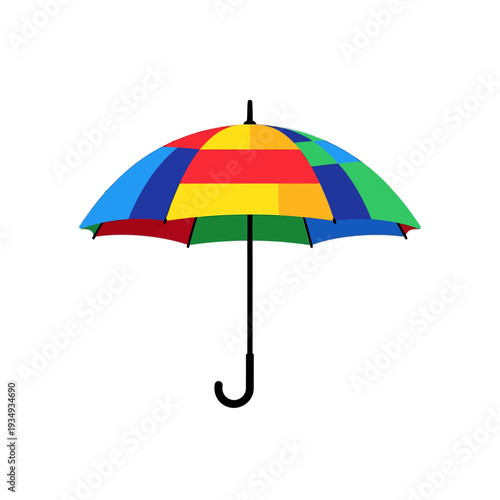 Multicolored umbrella with red, yellow, green, blue and black handle on white background