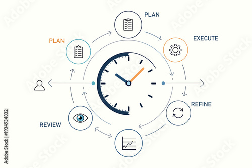 Visualizing the continuous process of plan execute review and refine with a clock
