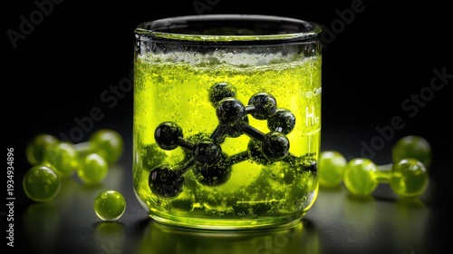 Bubbling Green Chemical Reaction Inside Laboratory Beaker Featuring Molecular Structure
