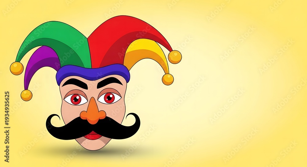 Fototapeta premium A colorful cartoon jester's head with a large mustache and hat