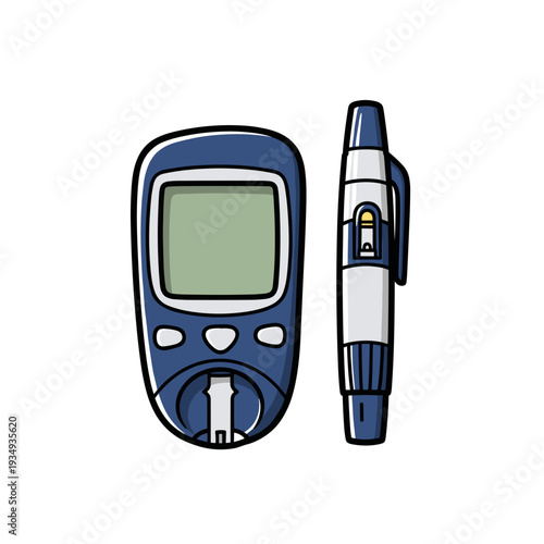 Glucometer and lancet in bold graphic vector illustration with informative playful mood centered against white background with copy space
