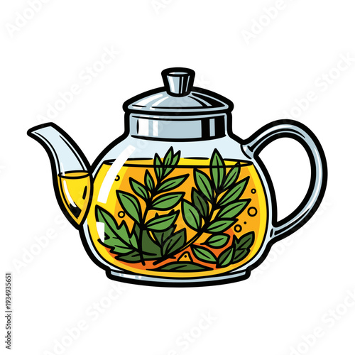 Herbal infusion teapot glass in bold graphic vector illustration, flat vibrant colors for cozy beverage design