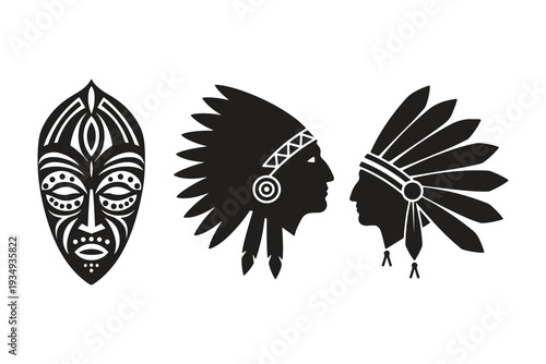 This minimalist illustration displays three black silhouettes of cultural artifacts on a white background. On the left, an intricate African ceremonial mask features detailed patterns. To its right,
