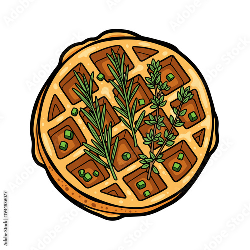 Savory waffle with herbs in bold graphic vector illustration, flat vibrant colors for food menu and recipe design